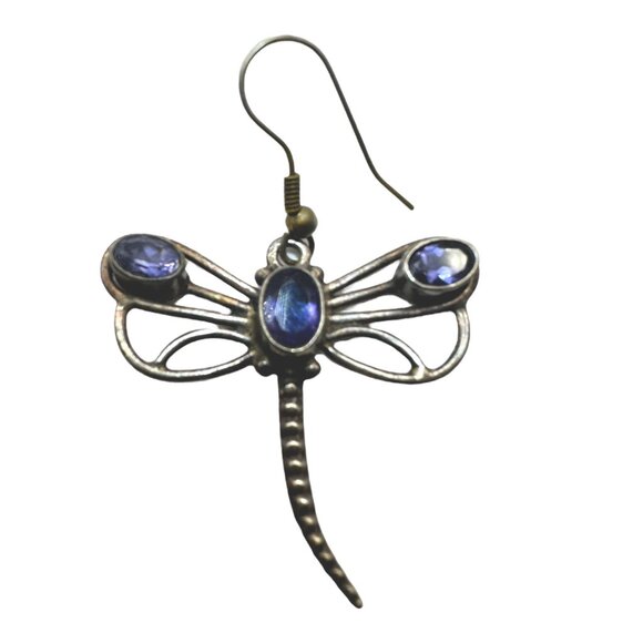 Vintage Dragonfly Earrings Dangle Drop With Amethyst Stones 925 Sterling Silver - Picture 3 of 7